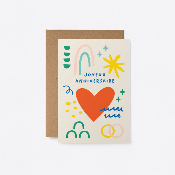 French anniversary card with a red heart, yellow sun, blue, green and pink figures and a text that says Joyeux anniversaire