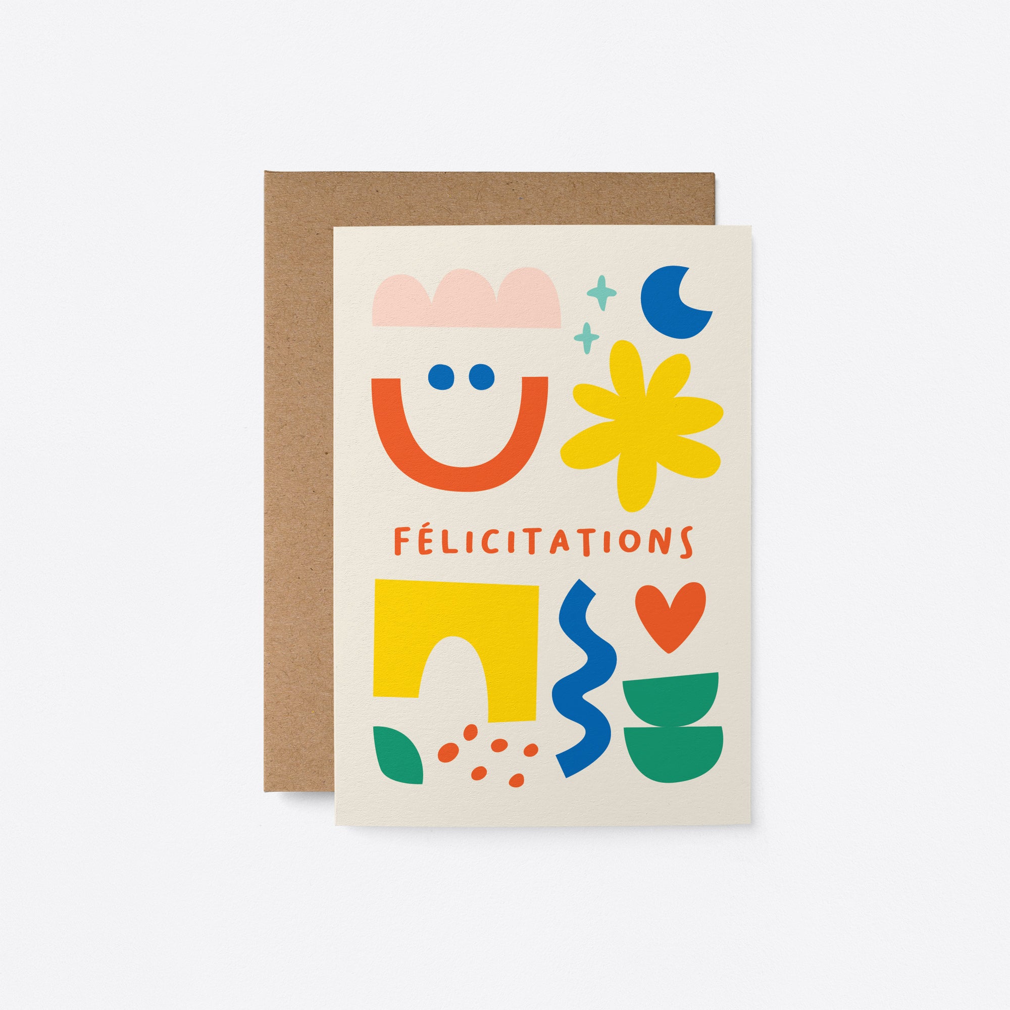 French congratulations card with red, yellow, green and blue figures and a text that says Félicitations