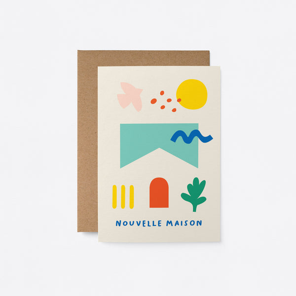 French new home card with red, yellow, green and blue figures and a text that says Nouvelle maison