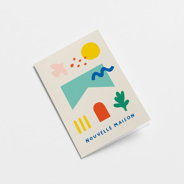 French new home card with red, yellow, green and blue figures and a text that says Nouvelle maison  Edit alt text