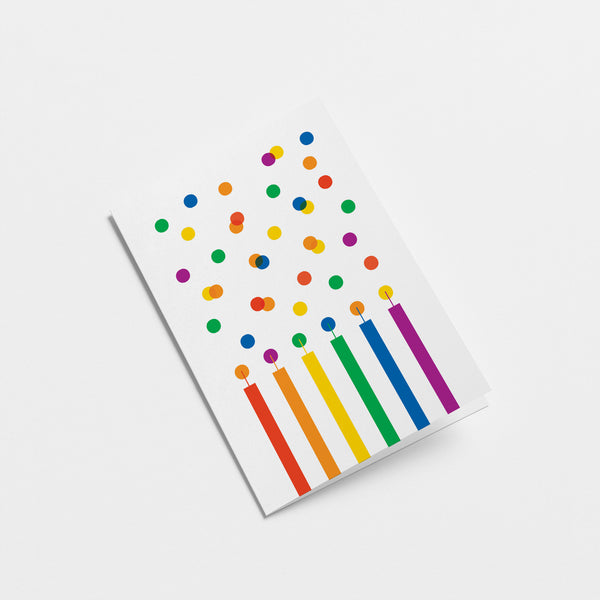 birthday card with six birthday candles in different colors and lots of colorful dots  Edit alt text