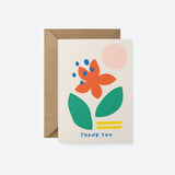 thank you card with red flower, pink sun, green leafs and a text that says thank you