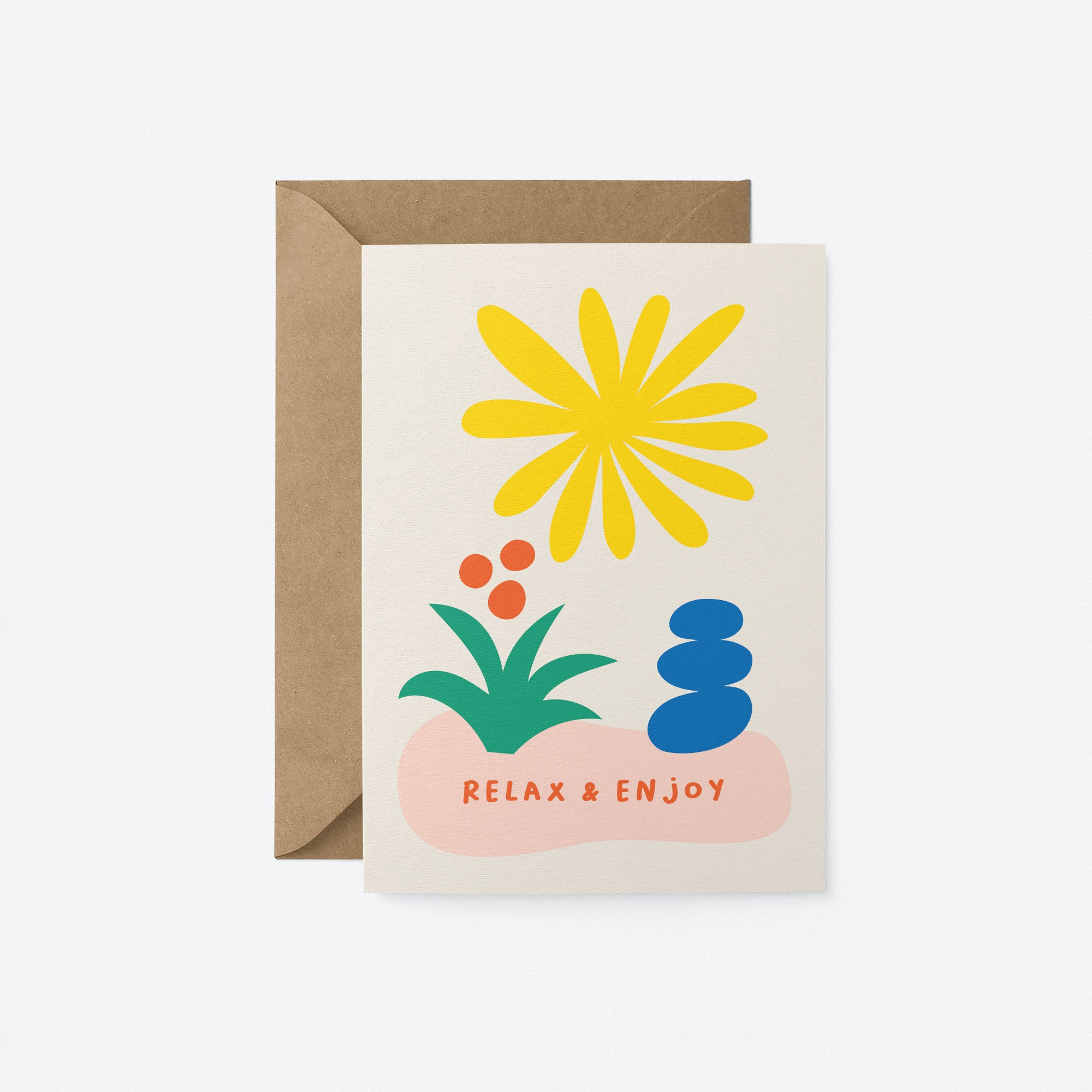 Friendship card with yellow sun figure, green and red flower, blue figure and a text that says Relax & Enjoy