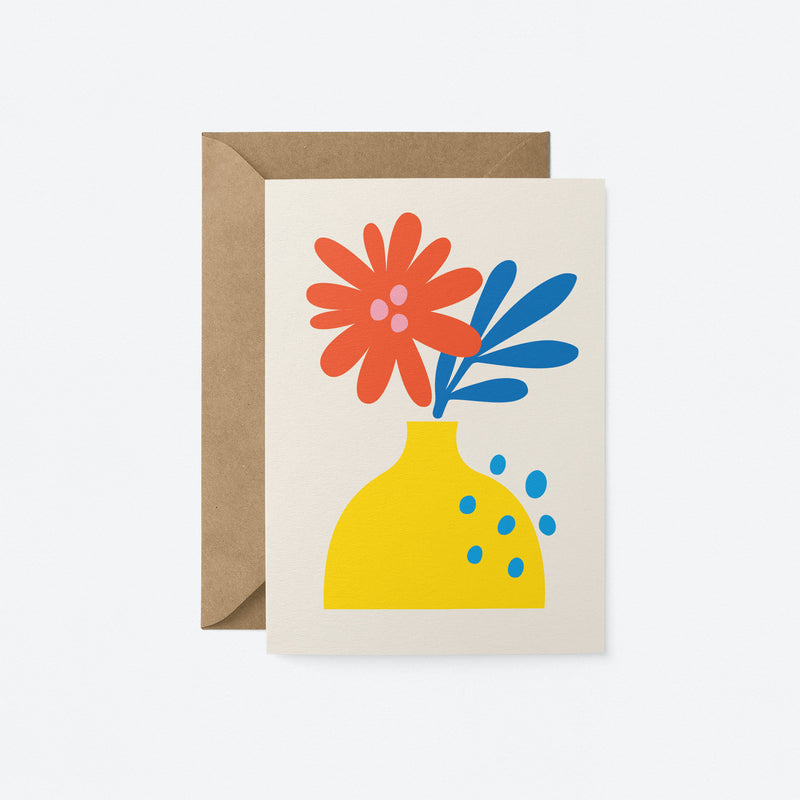 Greeting card with red and blue flowers and yellow vase