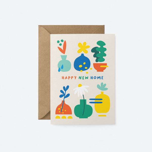 Housewarming card with colorful plants in flowerpots with a text that says happy new home
