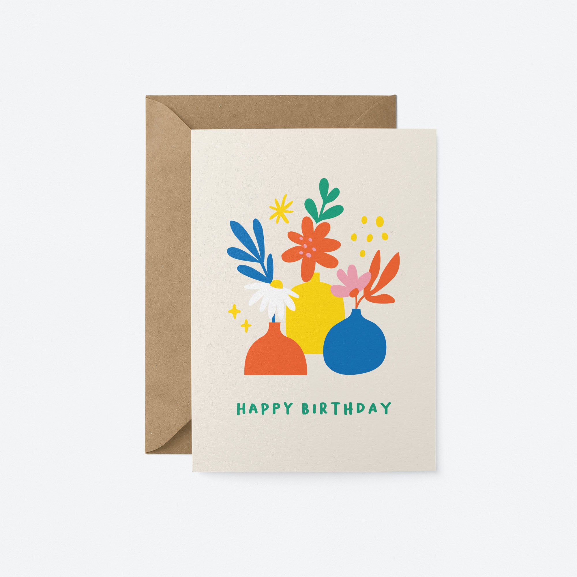 Birthday card with red,blue,yellow,green flowers in red,yellow,blue flowerpots with a text that says happy birthday