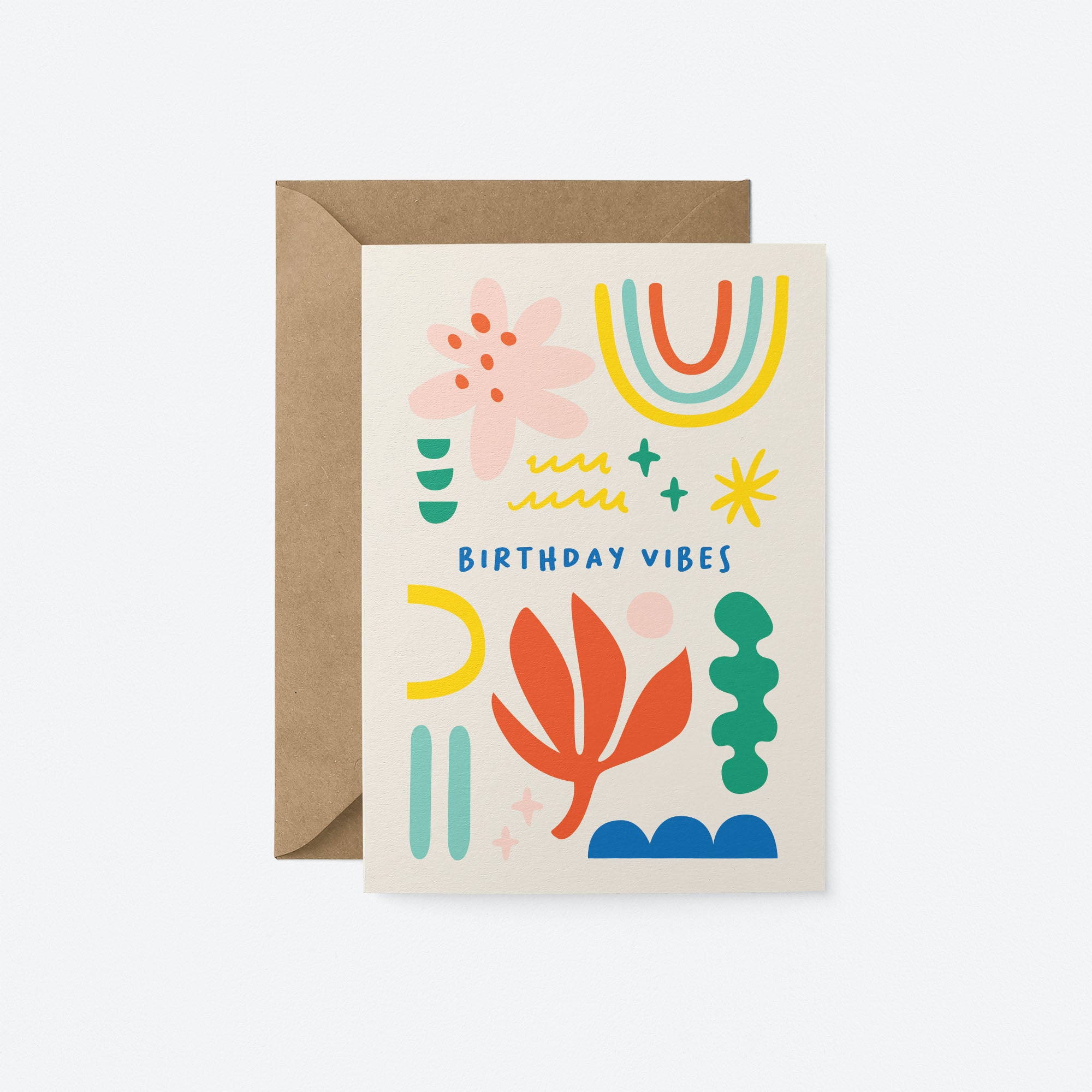 Birthday card with rainbow, red flower, pink,red,yellow,green,blue figures and a text that says Birthday Vibes