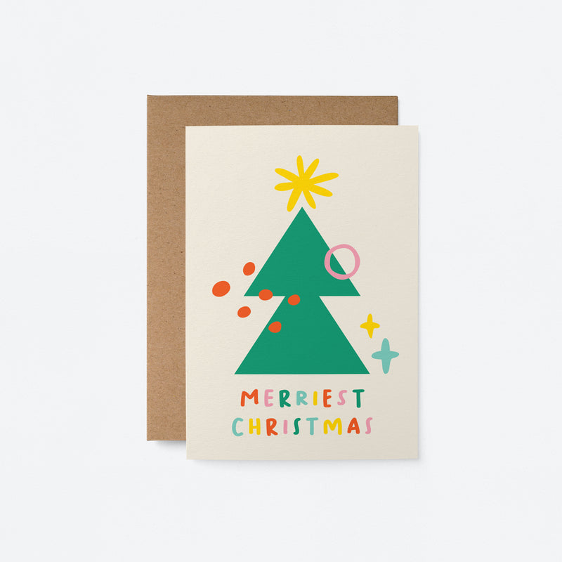 Christmas card with green christmas tree, yellow star, red dots and a text that says merriest christmas