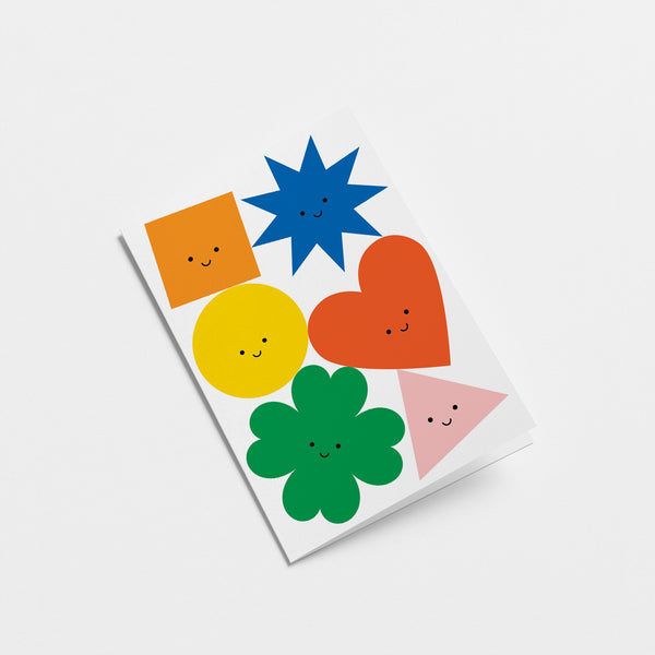 birthday card with colorful shapes with smiley faces  Edit alt text