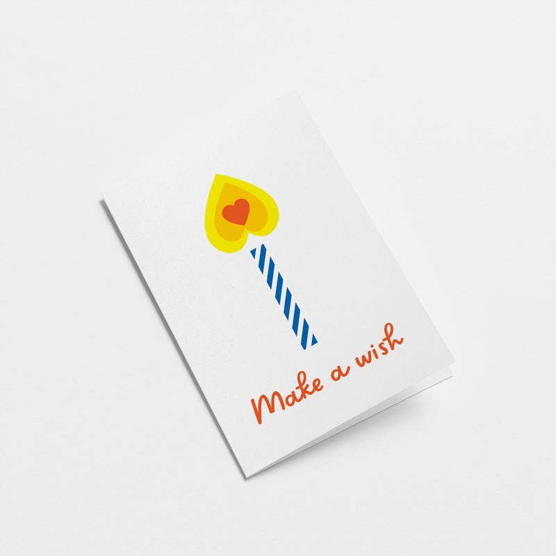 birthday card with a blue-white candle and heart shaped flame on with a text that says make a wish  Edit alt text