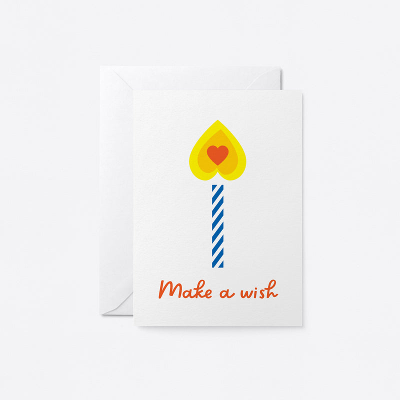 birthday card with a blue-white candle and heart shaped flame on with a text that says make a wish