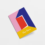 housewarming card with a red door and pink, dark blue, yellow shapes with a text that says new home  Edit alt text