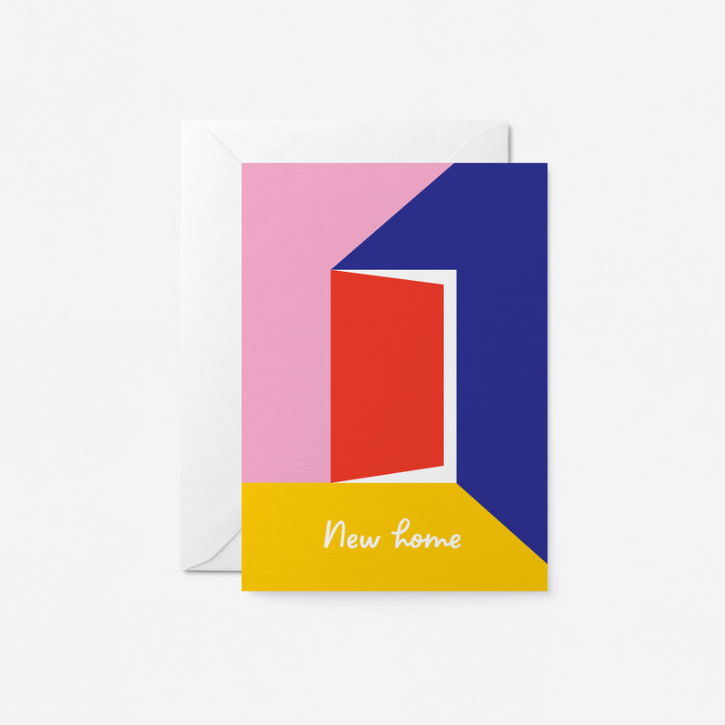 housewarming card with a red door and pink, dark blue, yellow shapes with a text that says new home