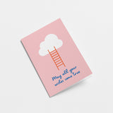 birthday card with a red stairs and white cloud with a text that says may all your wishes come true  Edit alt text