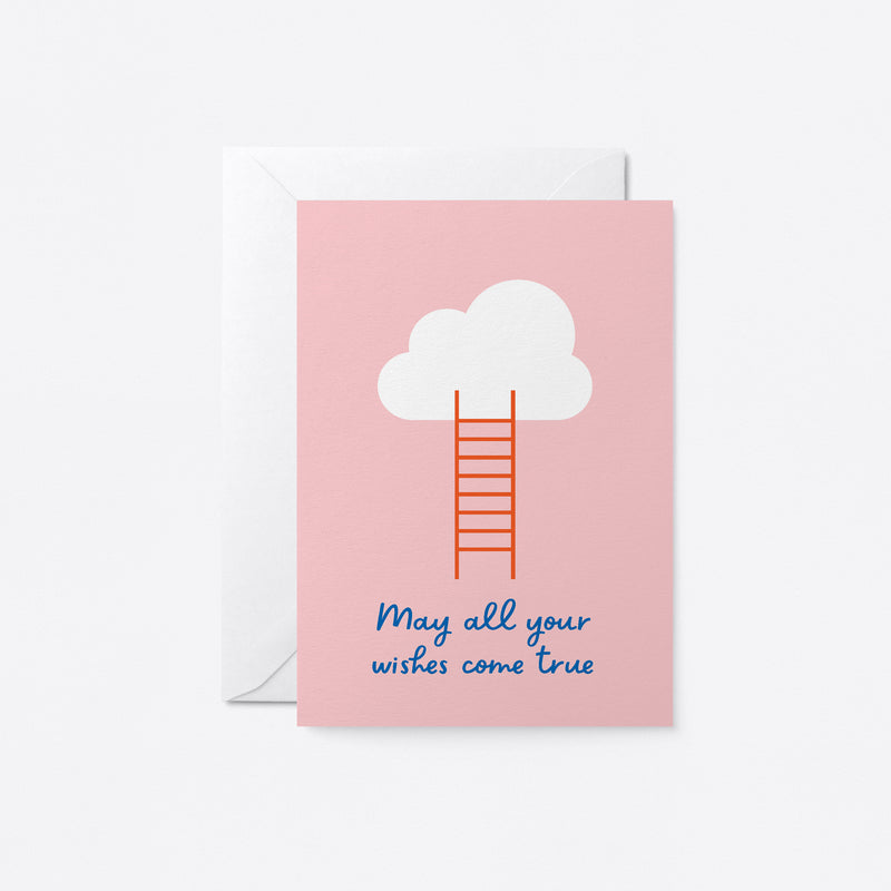 birthday card with a red stairs and white cloud with a text that says may all your wishes come true