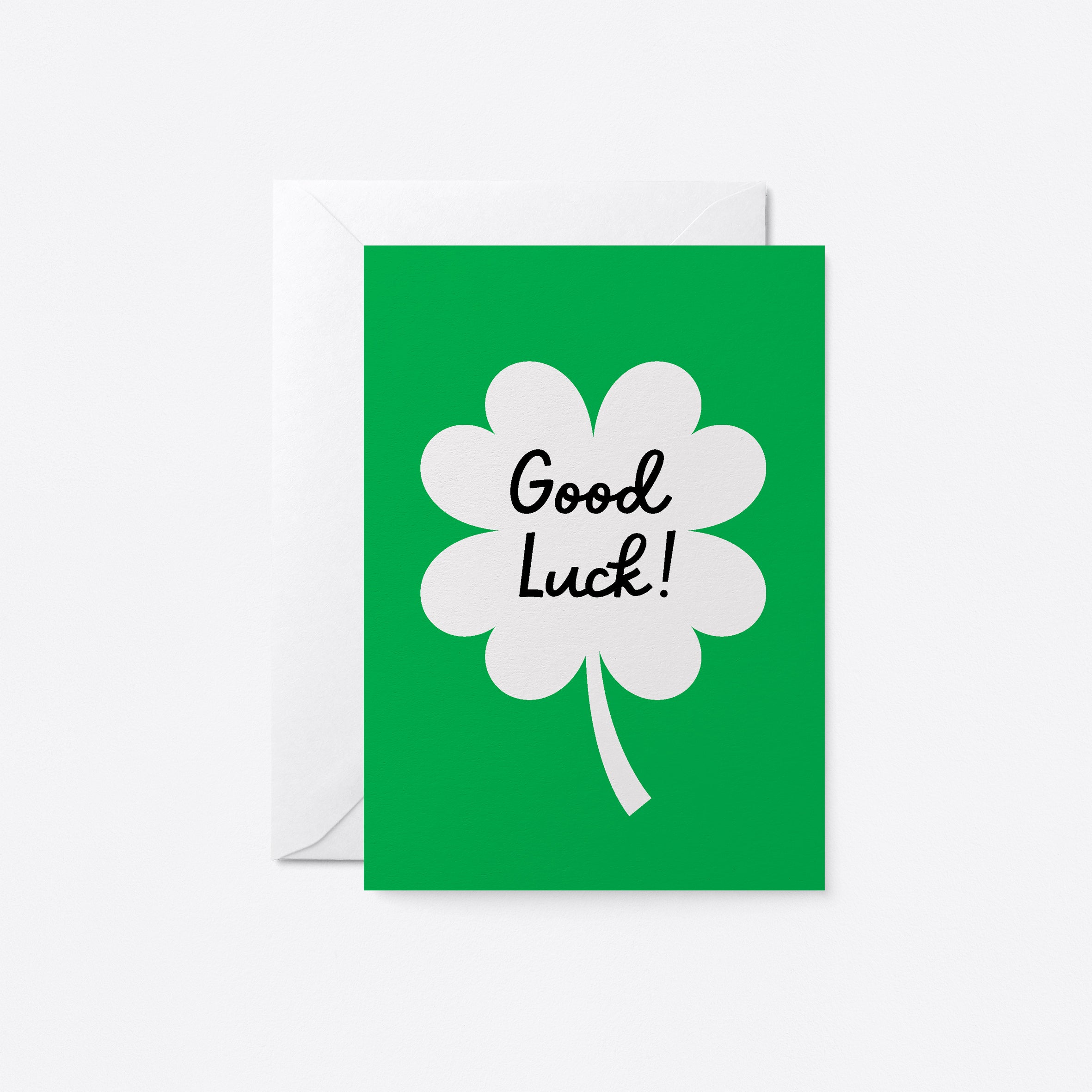 good luck card with a four leaf clover with a text that says good luck