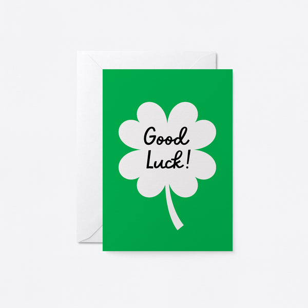 good luck card with a four leaf clover with a text that says good luck