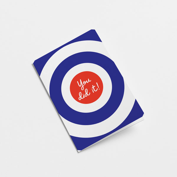 congratulations card card with red, white and dark blue colored dart board with a text that says you did it  Edit alt text