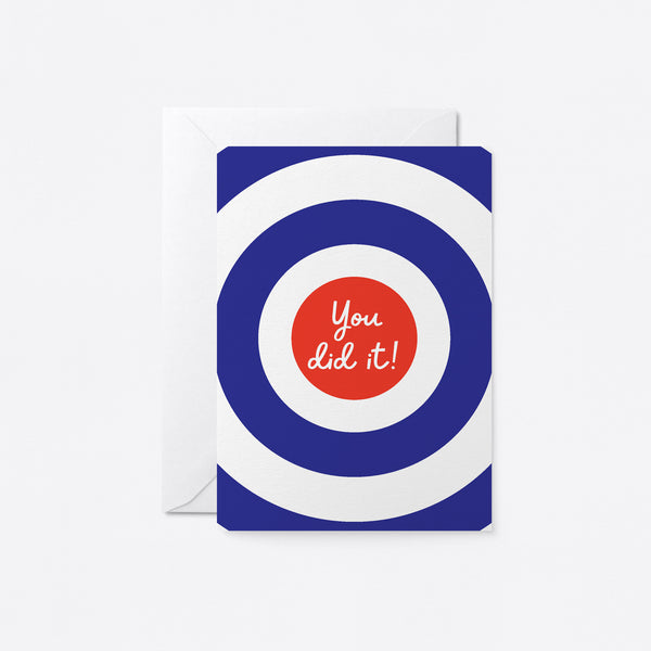 congratulations card card with red, white and dark blue colored dart board with a text that says you did it