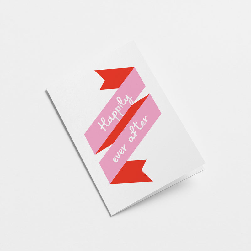 wedding card with pink ribbons with a text that says happily ever after  Edit alt text