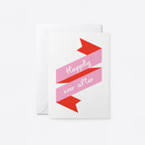 wedding card with pink ribbons with a text that says happily ever after