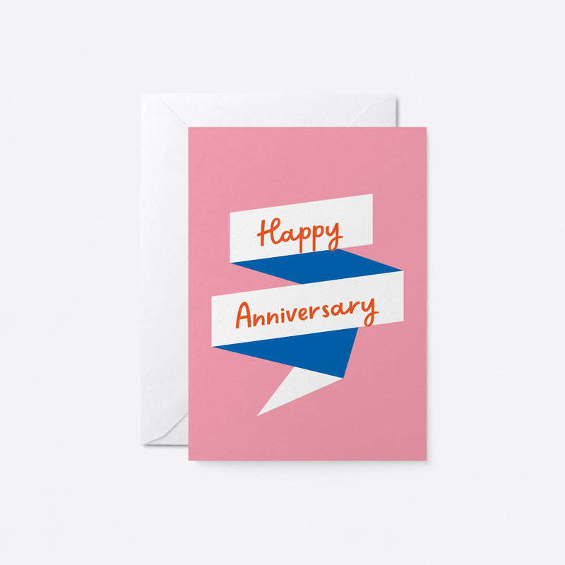anniversary card with white ribbons with a text that says happy anniversary