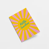 everyday greeting card with yellow sun and sunrays with a text that says hello sunshine  Edit alt text