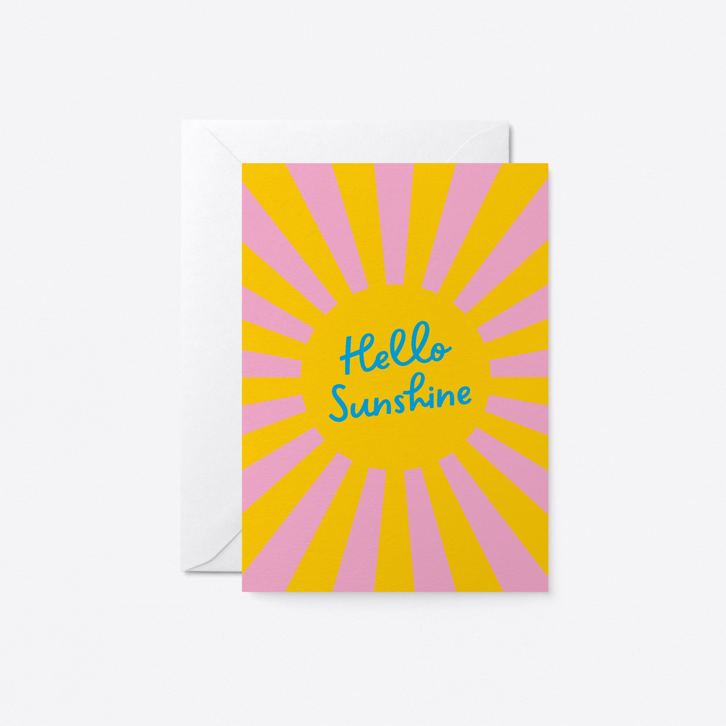 everyday greeting card with yellow sun and sunrays with a text that says hello sunshine