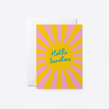 everyday greeting card with yellow sun and sunrays with a text that says hello sunshine