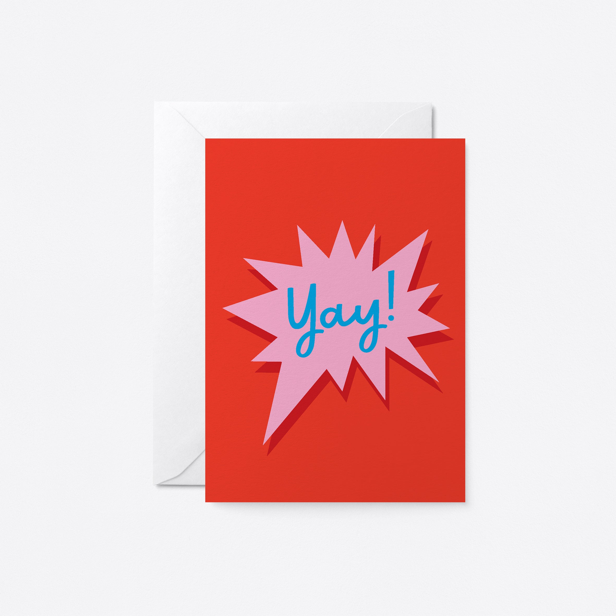 birthday card with red and pink shapes with a text that says yay!