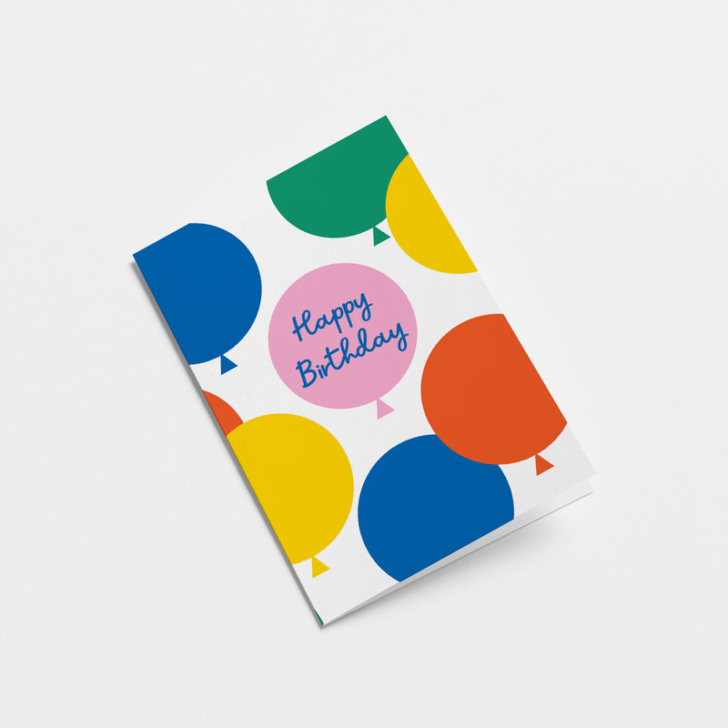 birthday card with colorful balloons with a text that says happy birthday!  Edit alt text