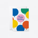 birthday card with colorful balloons with a text that says happy birthday!