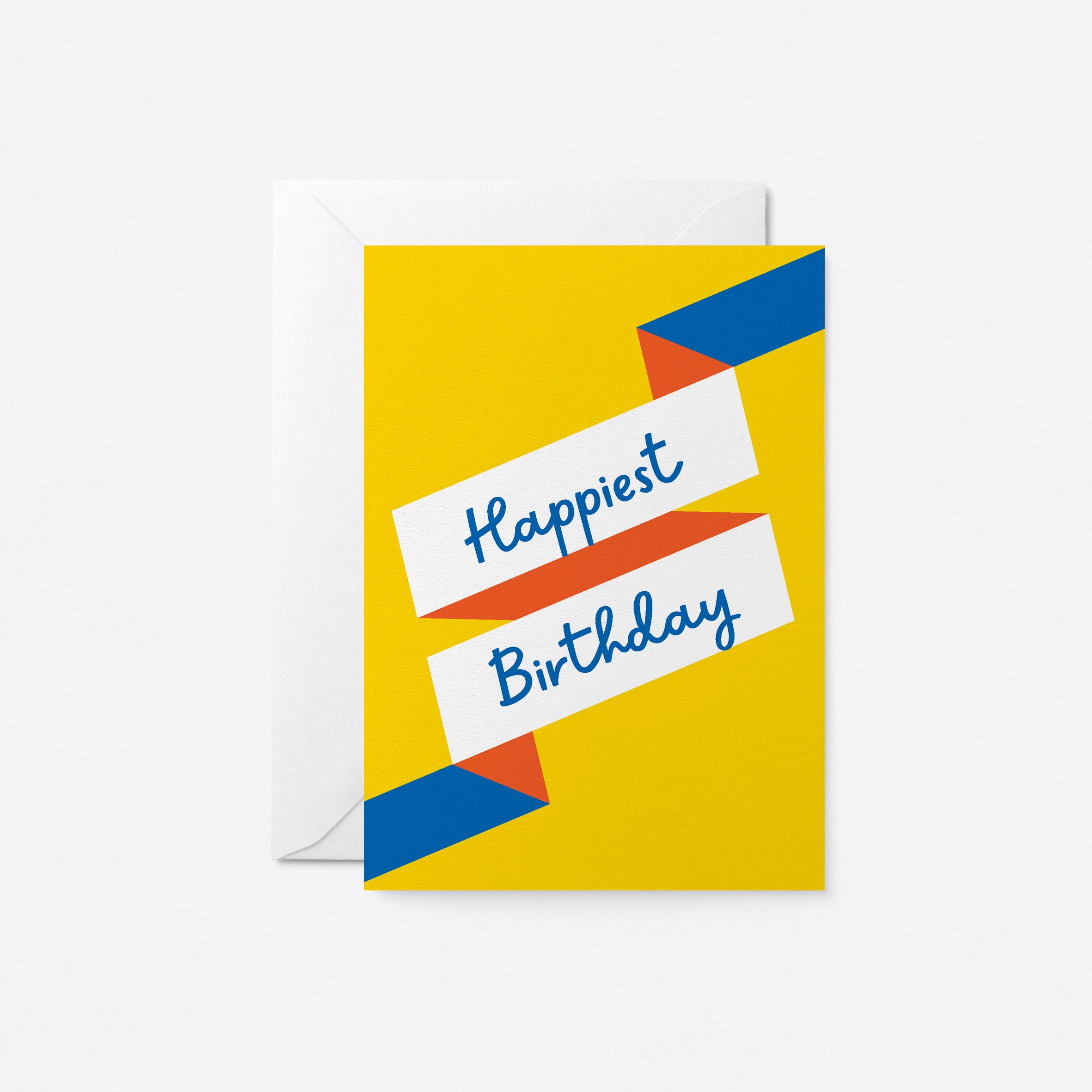 birthday card with white ribbons with a text that say happiest birthday