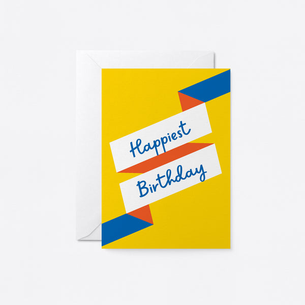 birthday card with white ribbons with a text that say happiest birthday