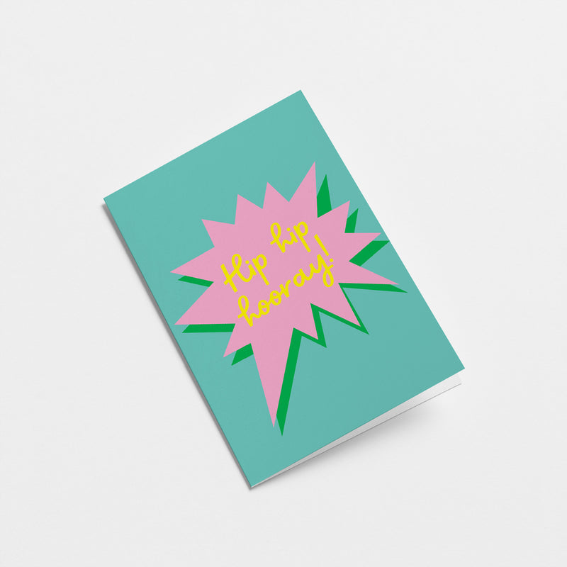 birthday card with a pink splash shape with a text that says hip hop hooray  Edit alt text