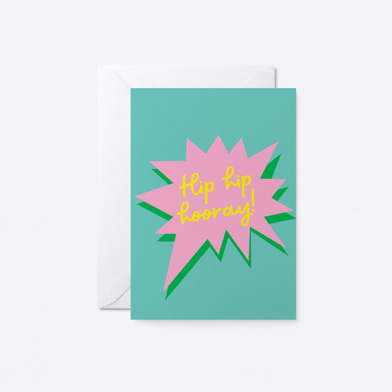 birthday card with a pink splash shape with a text that says hip hop hooray
