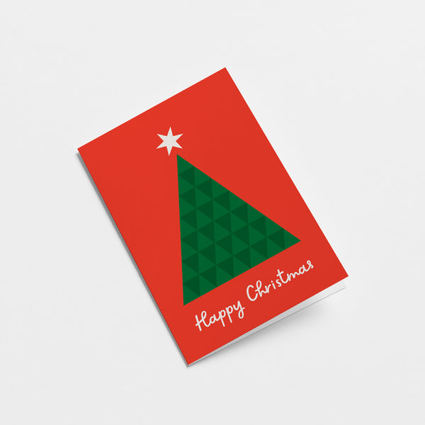 christmas card with a green christmas tree and a star on top of it with a text that says happy christmas  Edit alt text