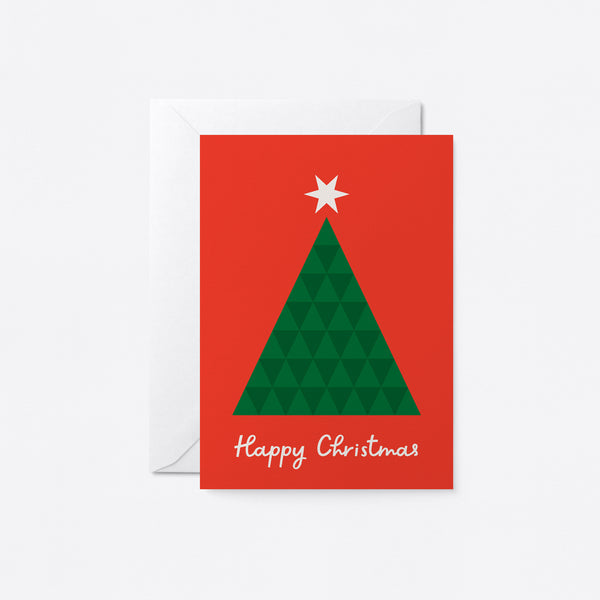 christmas card with a green christmas tree and a star on top of it with a text that says happy christmas