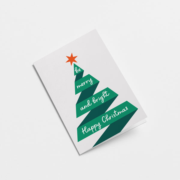 christmas card with a christmas tree shaped green ribbon and a red star on top of it with a text that says be merry and bright  Edit alt text