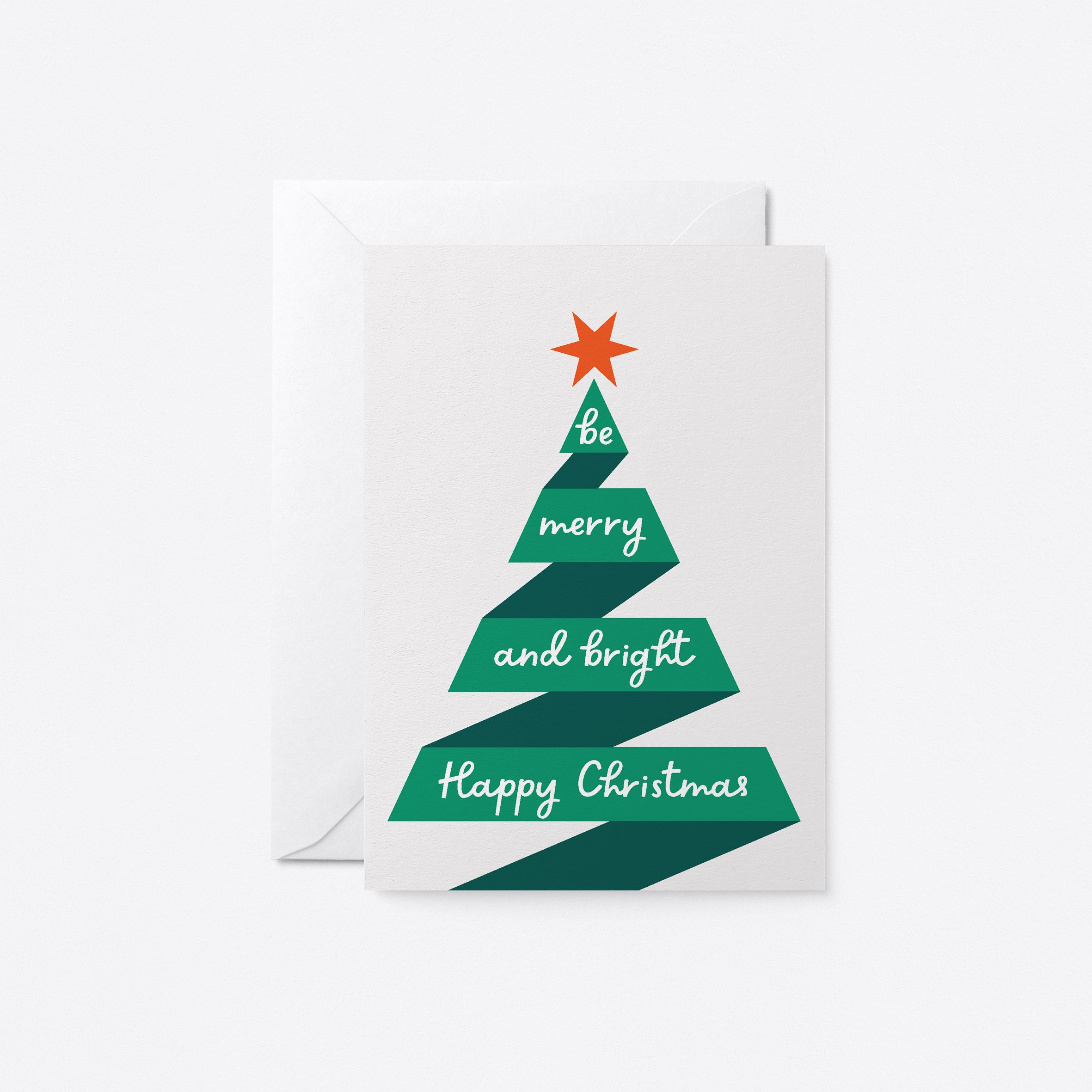 christmas card with a christmas tree shaped green ribbon and a red star on top of it with a text that says be merry and bright