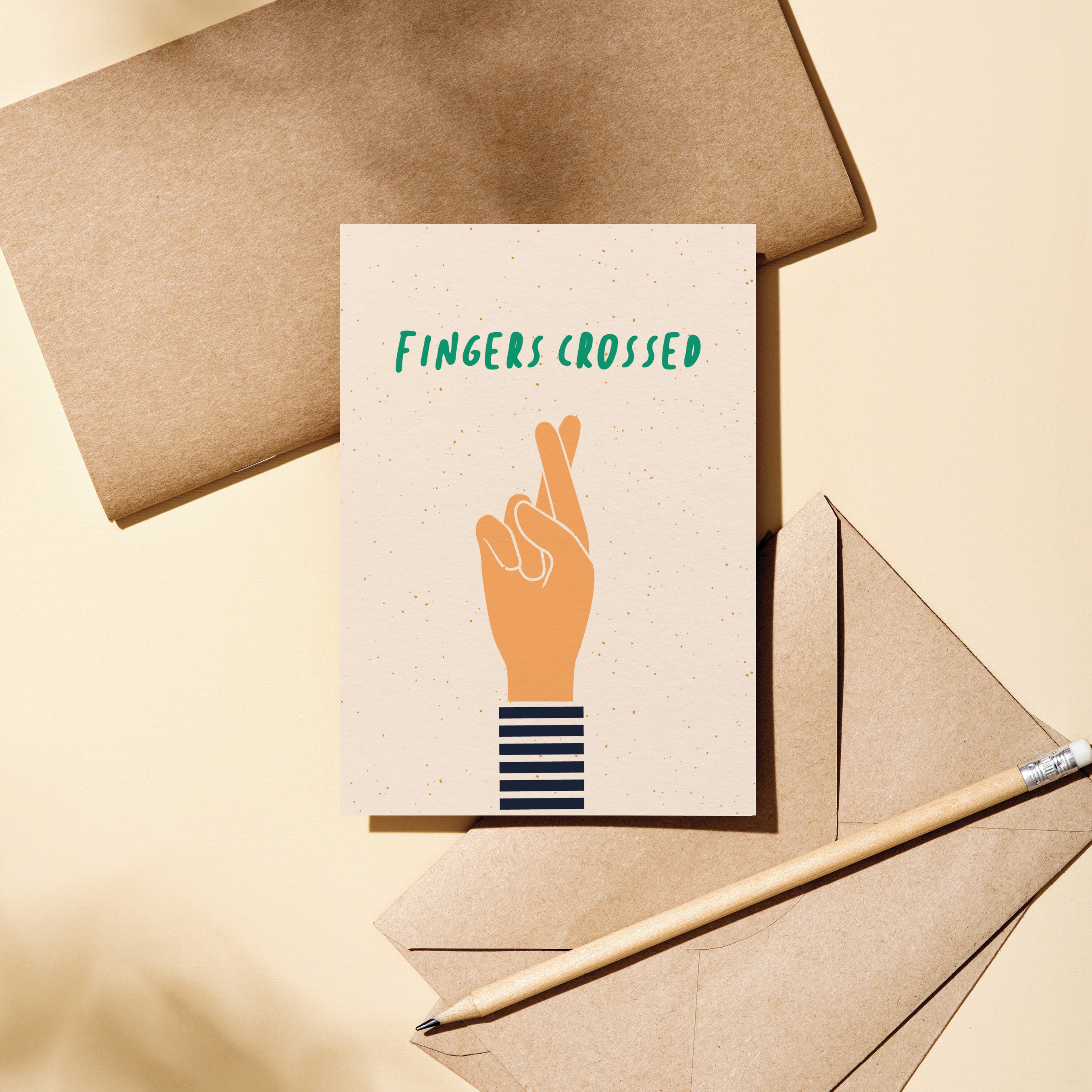 Good luck card with fingers crossed hand gesture and a text that says fingers crossed  Edit alt text