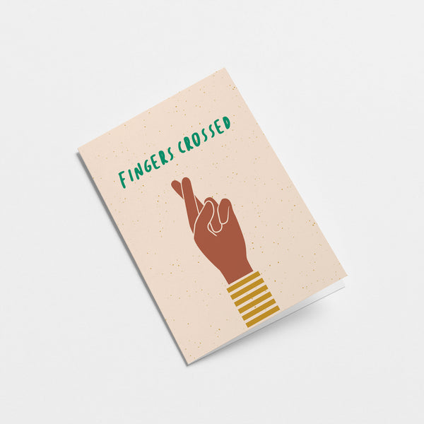 Good luck card with brown fingers crossed hand gesture and a text that says fingers crossed  Edit alt text