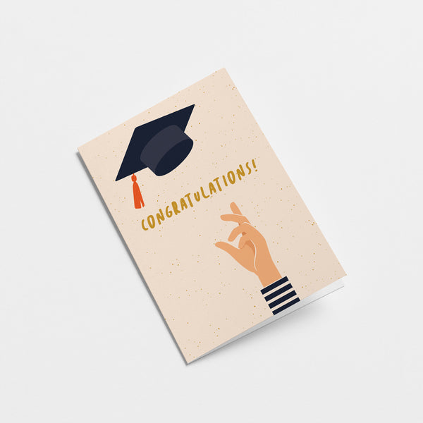 congratulations graduation card with a hand throwing black graduation hat and a text that says congratulations  Edit alt text