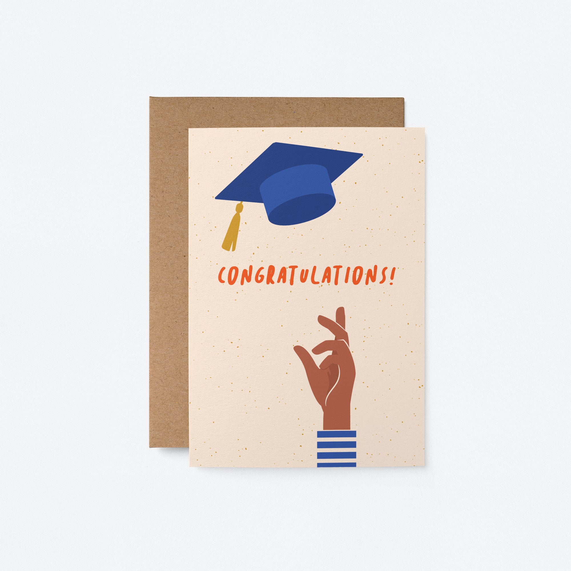 congratulations  graduation card with a black hand throwing blue graduation hat and a text that says congratulations