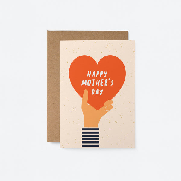 mothers day card with a hand holding a big red heart and a text that says happy mothers day