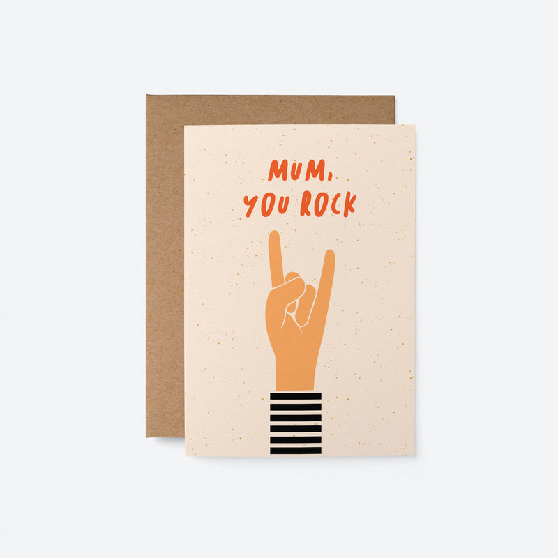 mother birthday mothers day card with a hand making rock gesture and a text that says mum you rock