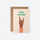 mother birthday mothers day card with a black hand making rock gesture and a text that says mum you rock