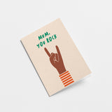 mother birthday mothers day card with a black hand making rock gesture and a text that says mum you rock  Edit alt text