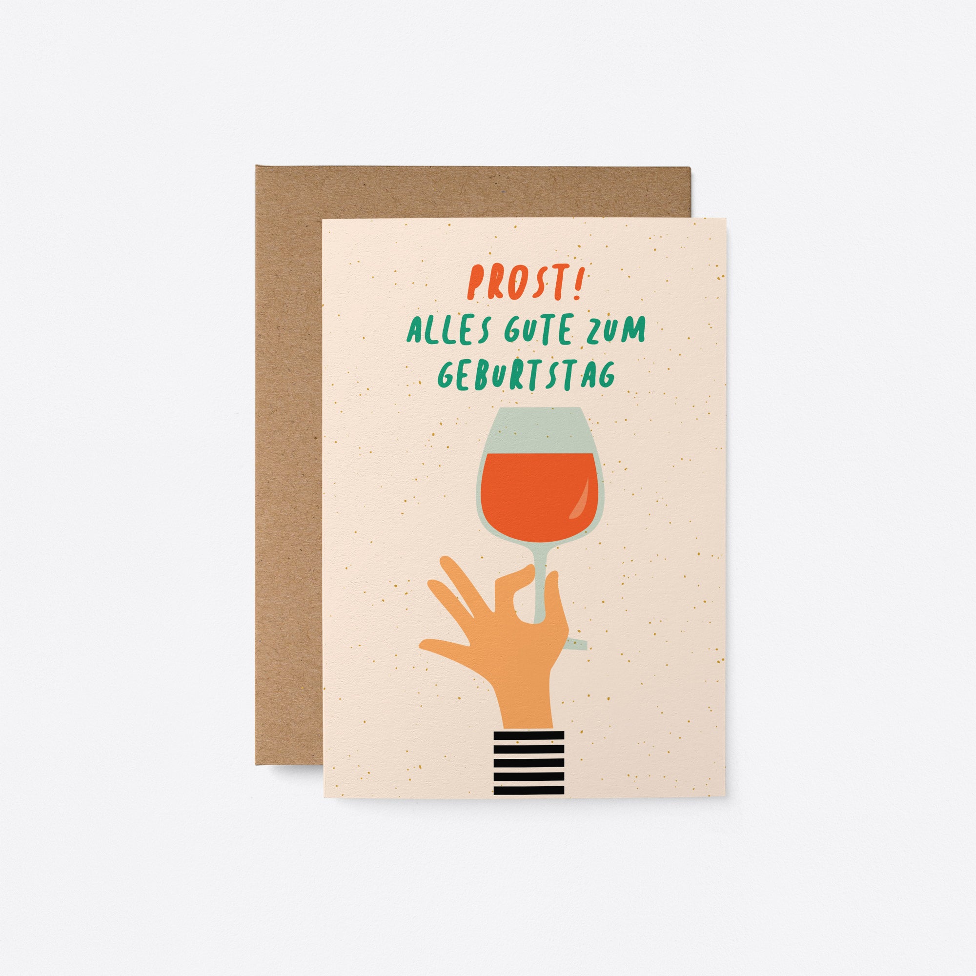 German Birthday card with a hand holding a glass of wine and a text that says Prost! Alles Gute zum Geburtstag