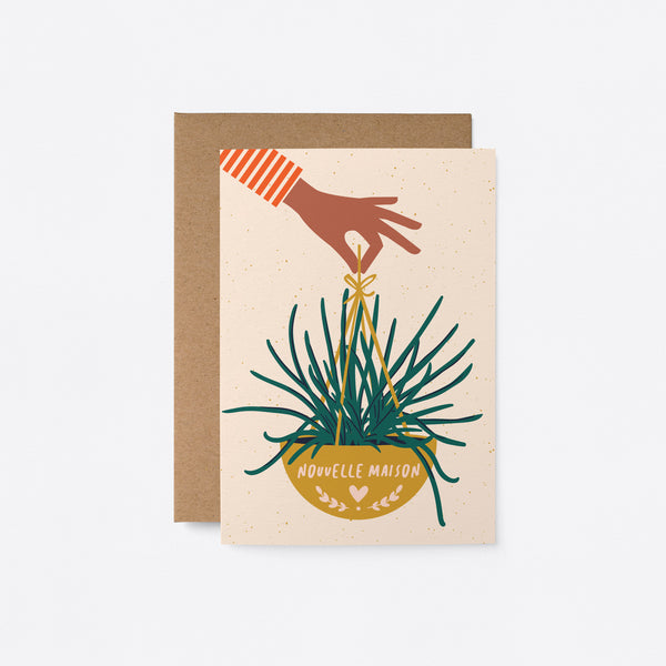 french housewarming card with a hand holding yellow plant basket with a text that says Nouvelle maison